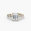 Gold ring with emerald-cut diamond and smaller diamonds on a white background