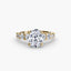 Gold ring with a large oval diamond and smaller diamonds on the sides against a white background