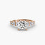 Rose gold diamond ring with a central large princess-cut diamond and smaller diamonds on the sides against a white background