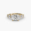 Gold ring with a central princess-cut diamond and smaller diamonds on the sides against a white background