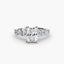 Diamond ring with a central radiant-cut diamond and smaller round diamonds on a white background