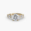Gold ring with a large round diamond and smaller diamonds on the sides against a white background