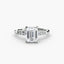 Diamond ring with emerald-cut center stone and smaller diamonds on a white background