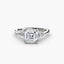 Diamond ring with a central Asscher-cut diamond and smaller diamonds white gold on a white background