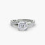 Diamond ring with a central Asscher-cut diamond on a white background