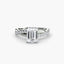 Diamond ring with emerald-cut center stone and smaller diamonds on a white background