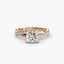 Twisted engagement ring with a princess cut diamond and micro pave setting on the shank rose gold on the white background