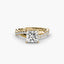 Twisted engagement ring with a princess cut diamond and micro pave setting on the shank yellow gold on the white background