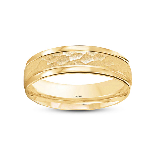 14k yellow gold mens wedding ring hammered finish polished stepped edges 6mm