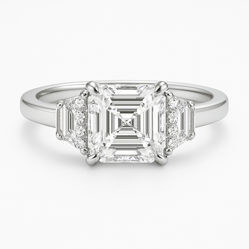 2 Carat Asscher Cut Diamond Ring with Trapezoid Side Stones