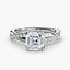 Diamond ring with a central asscher-cut diamond and twisted pave band on a white background