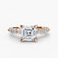 Rose gold ring with a large Asscher-cut diamond and smaller diamonds on the band marquise and round on a white background