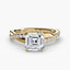 Gold ring with a large Asscher diamond and smaller diamonds on the twisted band against a white background