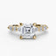 Gold ring with a large Asscher-cut diamond and smaller diamonds on the band marquise and round on a white background