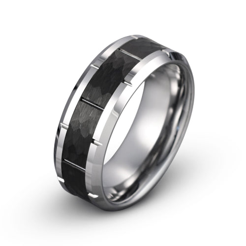 Black Hammered Brushed Tungsten Ring – Grooved Center & Gray Polished Beveled Edges