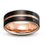Black brushed tungsten ring center rose gold grooved 8mm width
