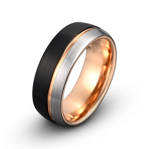 Black and Silver Tungsten Ring – Domed Brushed Finish with Off-Center Rose Gold Groove