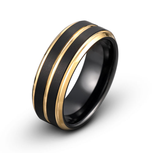 Black Brushed Tungsten Ring with Yellow Gold Grooved Center and Stepped Edges