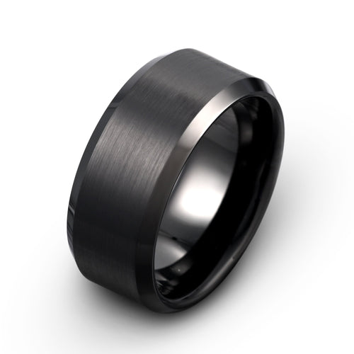 Black Tungsten Ring: Brushed, Polished Beveled Edges - Matching Set