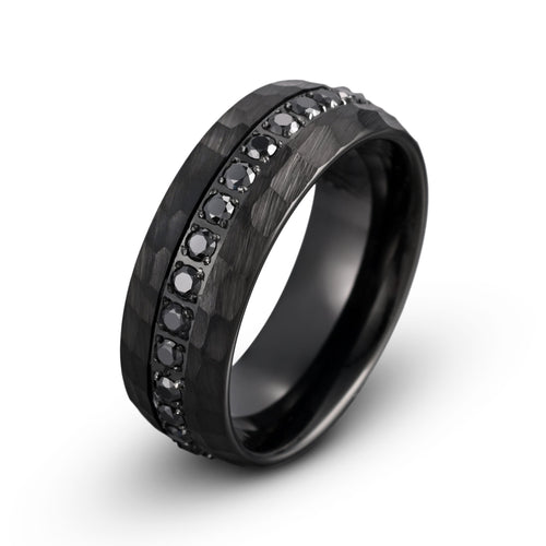 Black Tungsten Ring – Hammered Brushed Finish with Cubic Zirconia Pavé