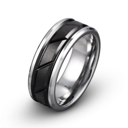 Black Brushed Tungsten Wedding Band for Men – Grooved Design