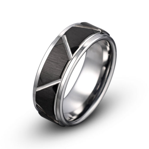 Black Tungsten Ring – Brushed Grooved Finish with Gray Stepped Edges