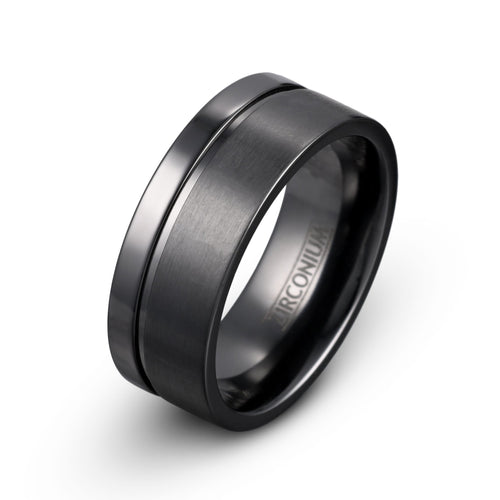 Black Zirconium Ring – Brushed Finish with Off-Center Groove