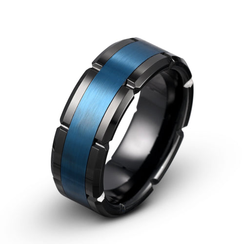 Blue Tungsten Ring with Brushed Center & Black Polished Grooved Edges – 8mm