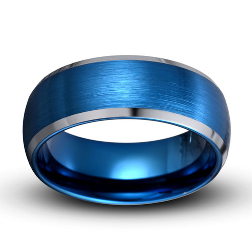 Tungsten ring domed style blue brushed finish polished gray beveled edges 8mm width