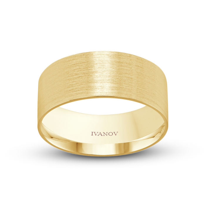 Yellow gold brushed finish wedding band flat style 9mm width Ivanov