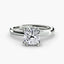 Top-down view of the Solaris cushion-cut diamond solitaire engagement ring in 14k white gold, featuring a large cushion-cut diamond secured by eight ball-tipped prongs in a floral basket setting with a plain polished tapered band.
