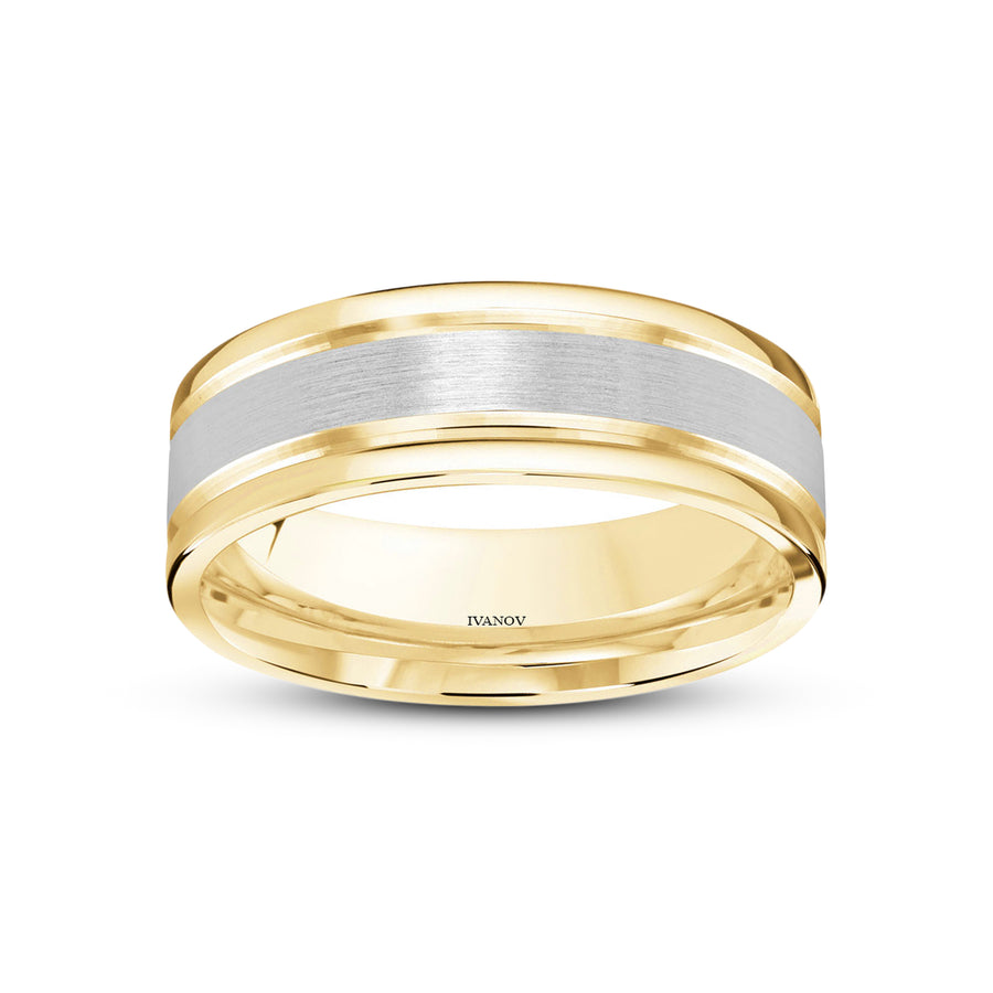 14k Gold wedding band gold edges white brushed center 6mm