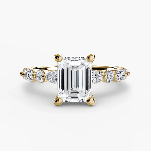 The Celestara - Emerald Cut Diamond Engagement Ring with Marquise & Round Side Stones