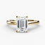 Solitaire gold ring with a large emerald-cut diamond on a white background