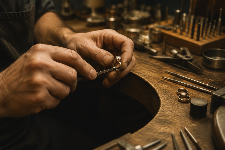 Jeweler working on a engagement ring resizing with tools on a wooden workbench