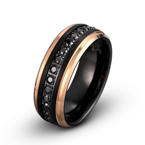 Black Tungsten Eternity Ring with Rose Gold Edges and Black CZ Pavé
