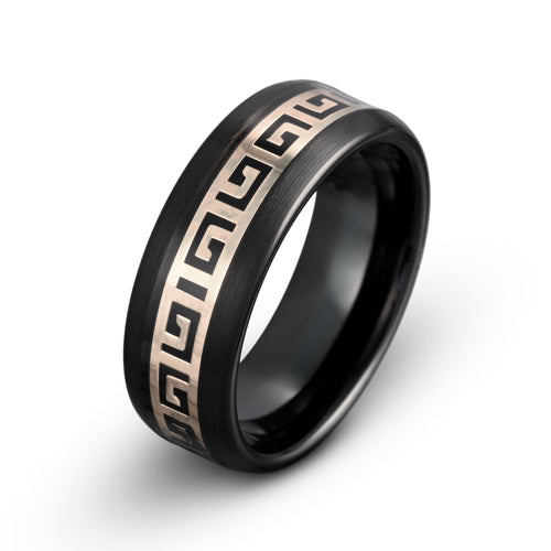 Black Tungsten Ring with Yellow Gold Greek Key Design