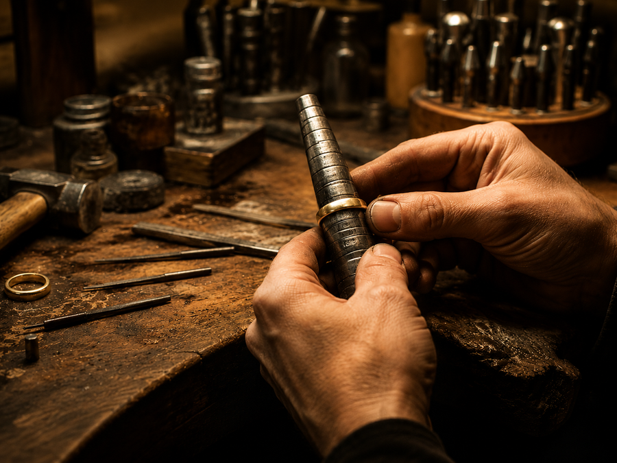 Close-up of hands working on a gold wedding band with tools and equipment in the background