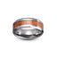 Tungsten ring with wooden inlay and silver band on a white background