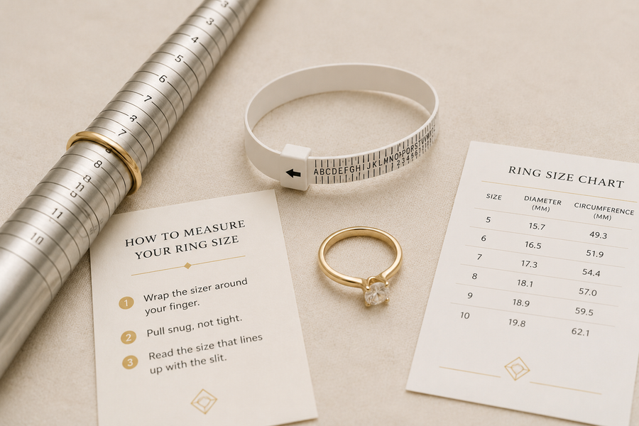 Gold ring, measuring tape, and ring size chart on a beige surface