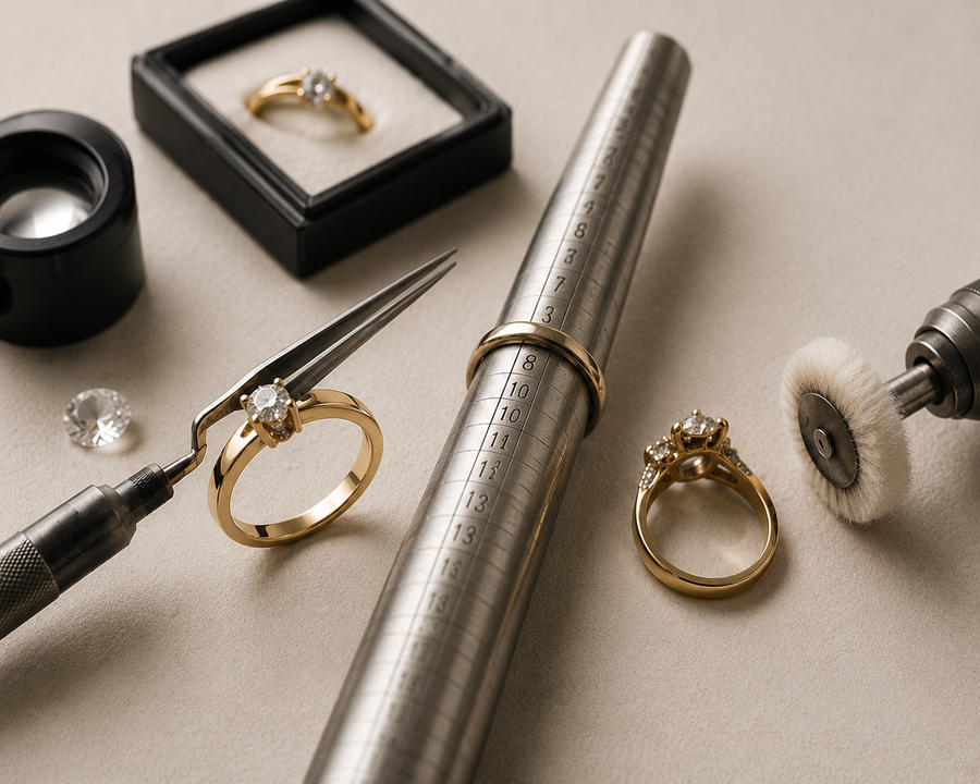 Gold rings with diamonds, jewelry tools, and a polishing rod on a beige surface.