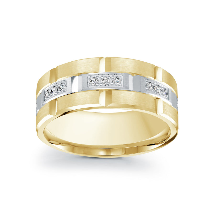 Two tone mens ring yellow and white gold center with pave diamonds 