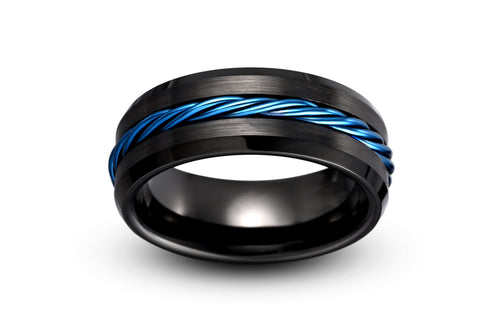 Black Tungsten Ring with Blue Rope Inlay, 8mm - Ivanov Jewelry
