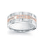 White gold ring with rose gold accents and embedded diamonds on a white background