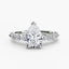 Pear shaped diamond ring with marquise and round side stones white gold on a white background
