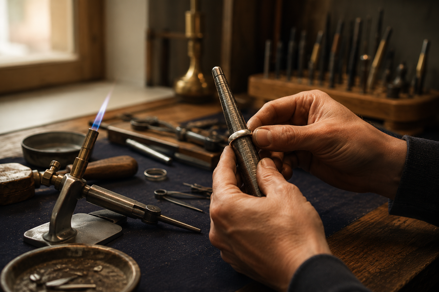 Jeweler working with jewelry tools making resizing platinum ring