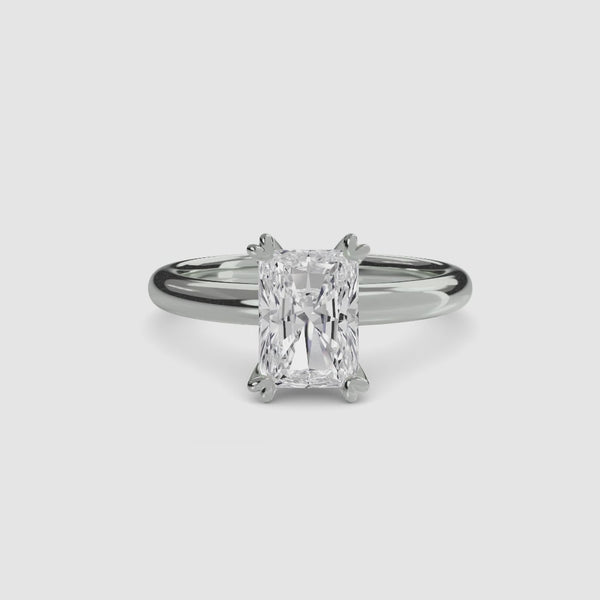 360-degree rotation the Aurien radiant cut diamond double prong solitaire engagement ring in white gold
