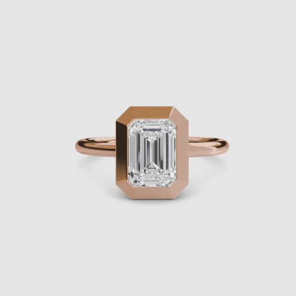 Emerald bezel diamond ring rose gold solitaire setting