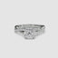 White gold ring with a large cushion-cut diamond and smaller diamonds on the twisted band against a white background