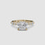 Gold ring with a large Asscher-cut diamond and smaller diamonds on the band marquise and round on a white background